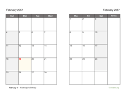 February 2057 Calendar on two pages