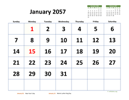 January 2057 Calendar with Extra-large Dates