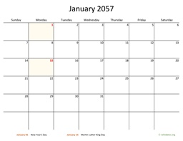 January 2057 Calendar with Bigger boxes