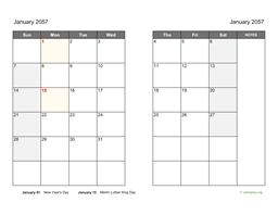 January 2057 Calendar on two pages