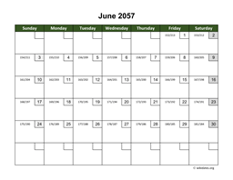 June 2057 Calendar with Day Numbers