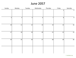 June 2057 Calendar with Bigger boxes