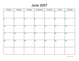 Basic Calendar for June 2057