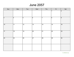 June 2057 Calendar with Weekend Shaded