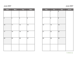June 2057 Calendar on two pages