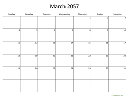 March 2057 Calendar with Bigger boxes