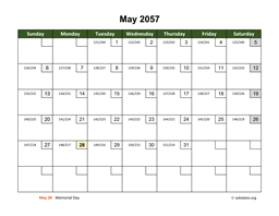 May 2057 Calendar with Day Numbers