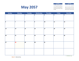 May 2057 Calendar Classic