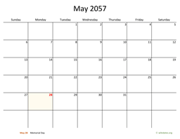 May 2057 Calendar with Bigger boxes