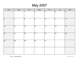 May 2057 Calendar with Weekend Shaded