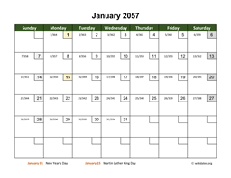 Monthly 2057 Calendar with Day Numbers