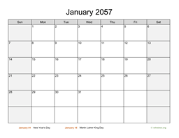 Monthly 2057 Calendar with Weekend Shaded