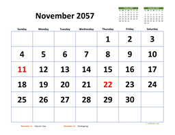 November 2057 Calendar with Extra-large Dates