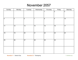 Basic Calendar for November 2057