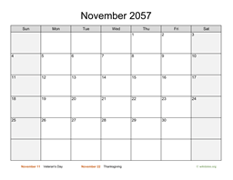 November 2057 Calendar with Weekend Shaded