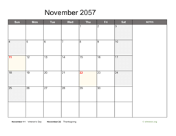 November 2057 Calendar with Notes