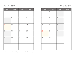 November 2057 Calendar on two pages