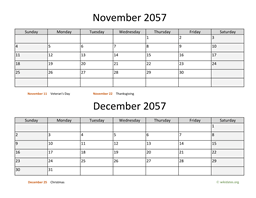 November and December 2057 Calendar