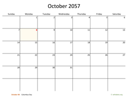 October 2057 Calendar with Bigger boxes