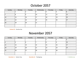 October and November 2057 Calendar