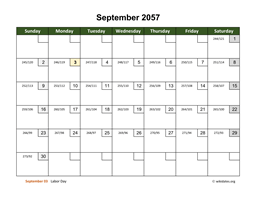 September 2057 Calendar with Day Numbers