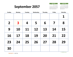 September 2057 Calendar with Extra-large Dates