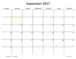September 2057 Calendar with Bigger boxes