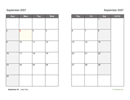 September 2057 Calendar on two pages