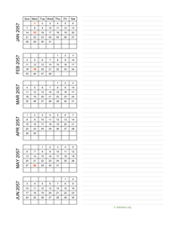six months 2057 calendar vertical with notes