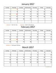 three months 2057 calendar vertical