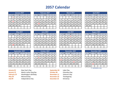 PDF Calendar 2057 with Federal Holidays