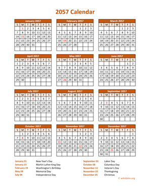 Calendar 2057 Vertical