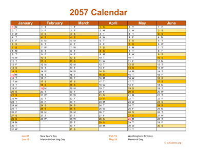 2057 Calendar on 2 Pages, Landscape Orientation