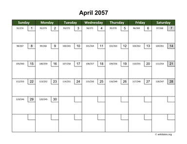 April 2057 Calendar with Day Numbers