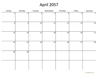 April 2057 Calendar with Bigger boxes