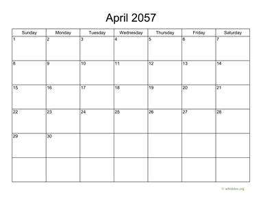 Basic Calendar for April 2057