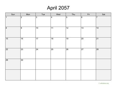 April 2057 Calendar with Weekend Shaded