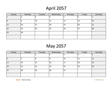 April and May 2057 Calendar Horizontal