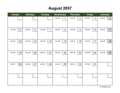 August 2057 Calendar with Day Numbers