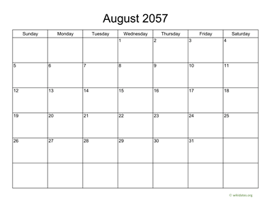 Basic Calendar for August 2057