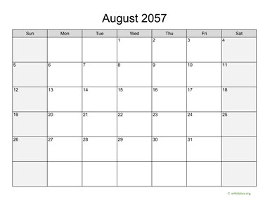 August 2057 Calendar with Weekend Shaded