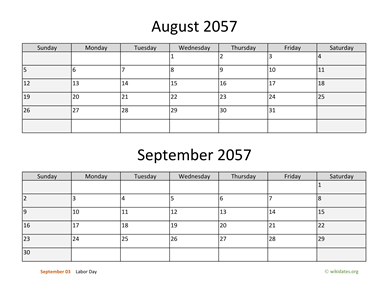 August and September 2057 Calendar Horizontal