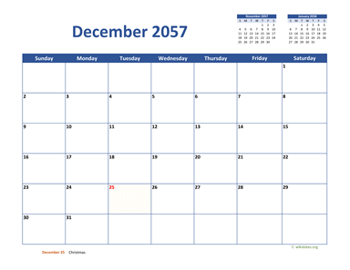 December 2057 Calendar Classic