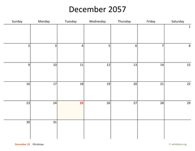 December 2057 Calendar with Bigger boxes