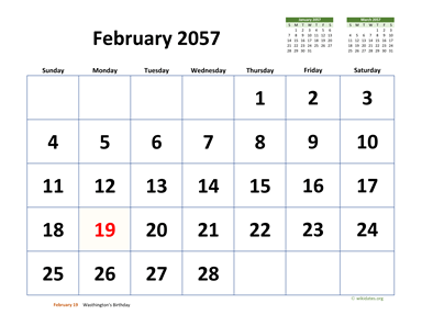 February 2057 Calendar with Extra-large Dates