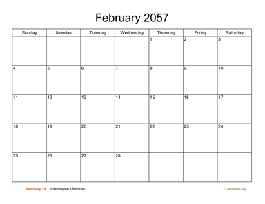 Basic Calendar for February 2057