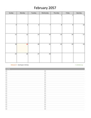 February 2057 Calendar with To-Do List