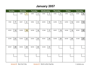 January 2057 Calendar with Day Numbers