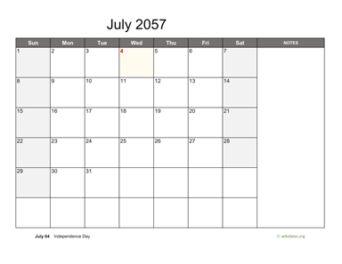 July 2057 Calendar with Notes