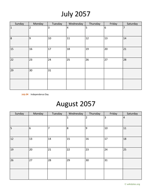 July and August 2057 Calendar Vertical